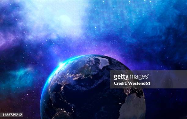 three dimensional render of planet earth floating in outer space - satellitenaufnahme stock-grafiken, -clipart, -cartoons und -symbole