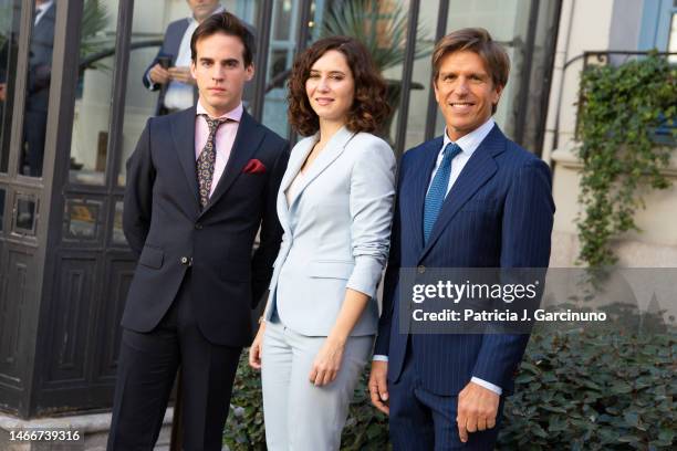 Gonzalo Caballero, Isabel Diaz Ayuso and Manuel Diaz, a.k.a. 'El Cordobes' attend the Charity Bullfights Poster Presentation at Santo Mauro Hotel on...