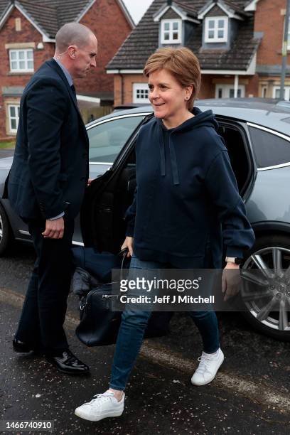 Nicola Sturgeon arrives at her home following resigning as Scotland’s First Minister yesterday on February 16, 2023 in Various Cities, United...