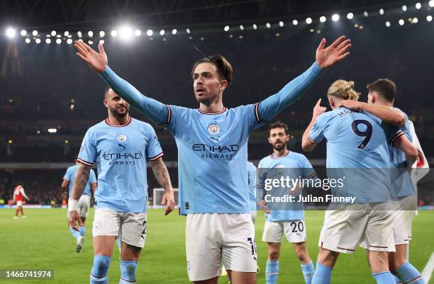 Jack Grealish of Manchester City celebrates scoring the team's second goal during the Premier League match between Arsenal FC and Manchester City at...
