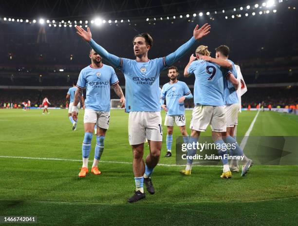 Jack Grealish of Manchester City celebrates scoring the team's second goal during the Premier League match between Arsenal FC and Manchester City at...