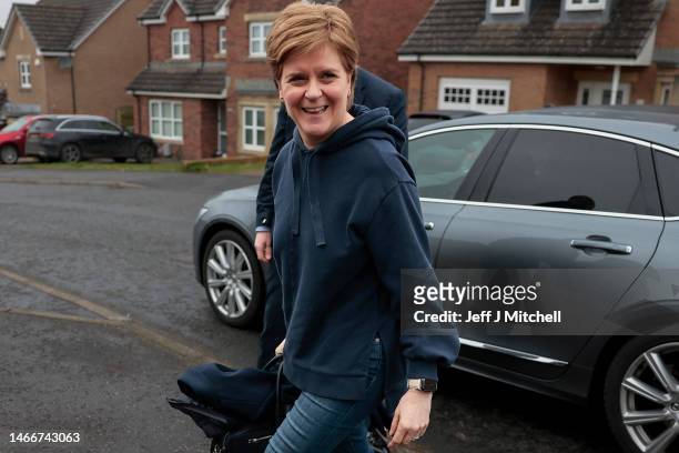 Nicola Sturgeon arrives at her home following resigning as Scotland’s First Minister yesterday on February 16, 2023 in Various Cities, United...