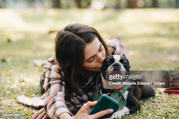 young adult woman having fun with her dog,chiang mai,thailand - boston terrier photos et images de collection