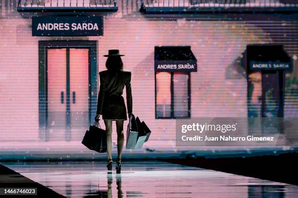 Model walks the runway at the Andres Sarda fashion show during Mercedes Benz Fashion Week Madrid February 2023 edition at IFEMA on February 16, 2023...