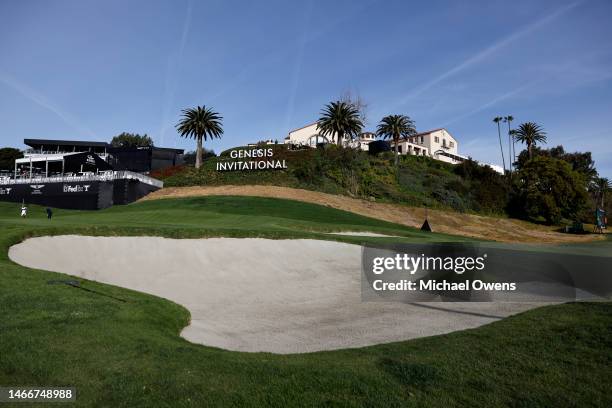 General view of signage during the first round of the The Genesis Invitational at Riviera Country Club on February 16, 2023 in Pacific Palisades,...