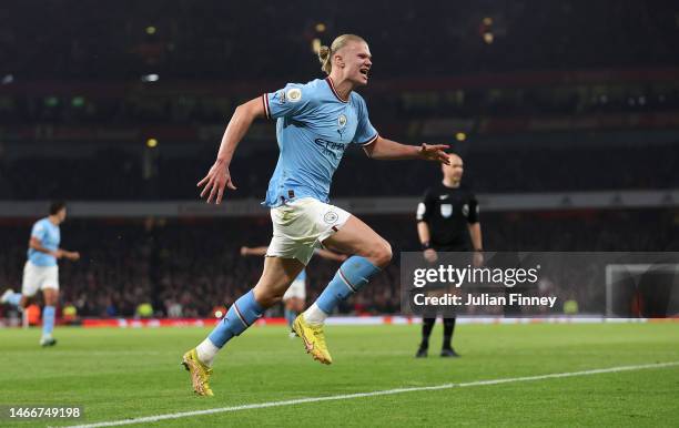 Erling Haaland of Manchester City celebrates scoring the team's third goal during the Premier League match between Arsenal FC and Manchester City at...