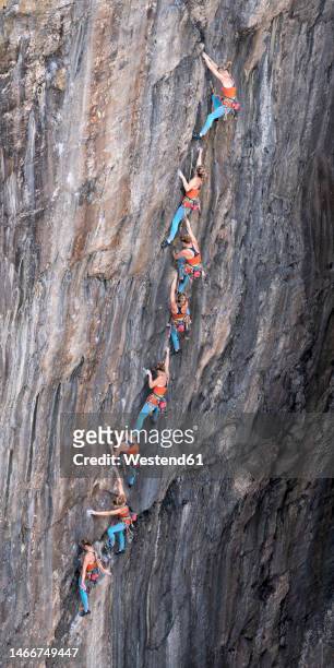 multi exposure of sportswoman doing rock climbing - double effort stock pictures, royalty-free photos & images