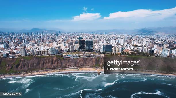 panoramic aerial view of miraflores district coastline in lima, peru. - peru stock pictures, royalty-free photos & images
