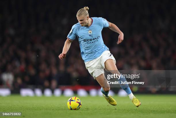 Erling Haaland of Manchester City in action during the Premier League match between Arsenal FC and Manchester City at Emirates Stadium on February...