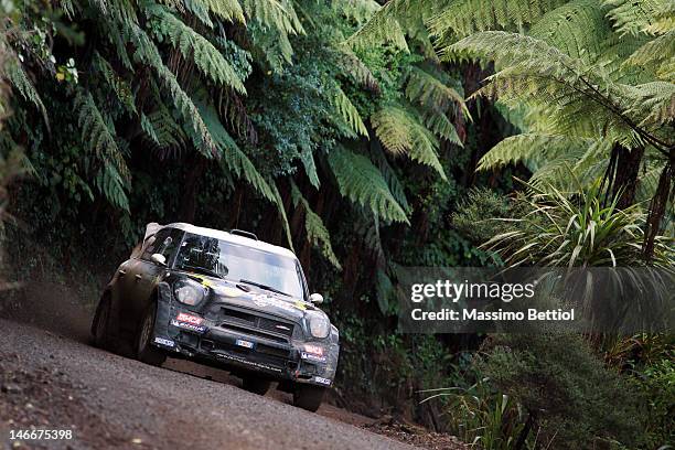 Armindo Araujo of Portugal and Miguel Ramalho of Portugal compete in their WRC Team Mini Portugal Mini John Cooper Works WRC during Day One of the...