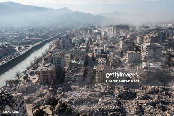 An aerial view of destroyed buildings are seen on February 16, 2023 in Hatay, Turkey. A 7.8-magnitude earthquake hit near Gaziantep, Turkey, in the...