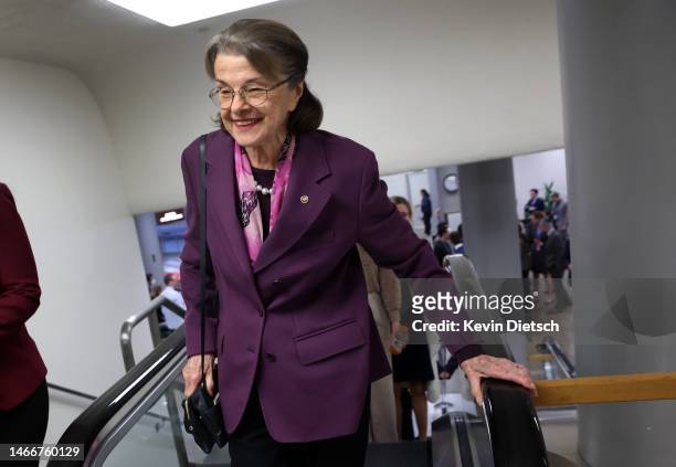 Sen. Dianne Feinstein makes her way to the Senate chambers at the U.S. Capitol on February 16, 2023 in Washington, DC. The Senate is holding its...