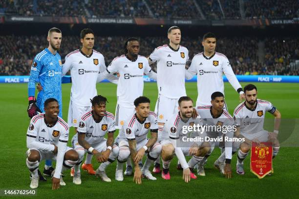 Manchester United players pose for a photo prior to the UEFA Europa League knockout round play-off leg one match between FC Barcelona and Manchester...