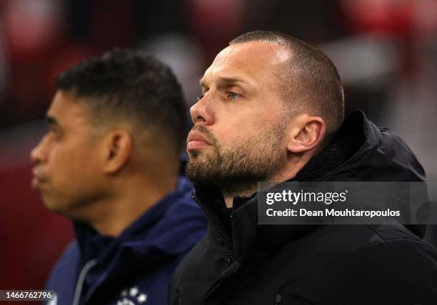 John Heitinga, Head Coach of AFC Ajax, looks on prior to the UEFA Europa League knockout round play-off leg one match between AFC Ajax and 1. FC...