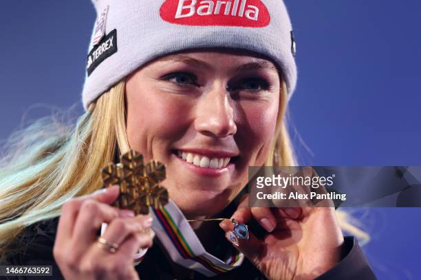 Gold medalist Mikaela Shiffrin of United States poses for a photo during the medal ceremony for Women's Giant Slalom at the FIS Alpine World Ski...