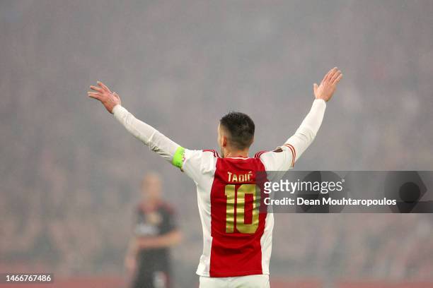 Dusan Tadic of AFC Ajax reacts during the UEFA Europa League knockout round play-off leg one match between AFC Ajax and 1. FC Union Berlin at Johan...
