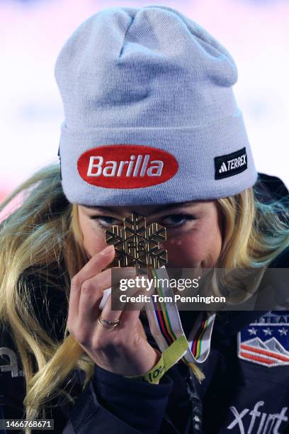 Gold medalist Mikaela Shiffrin of United States poses for a photo during the medal ceremony for Women's Giant Slalom at the FIS Alpine World Ski...