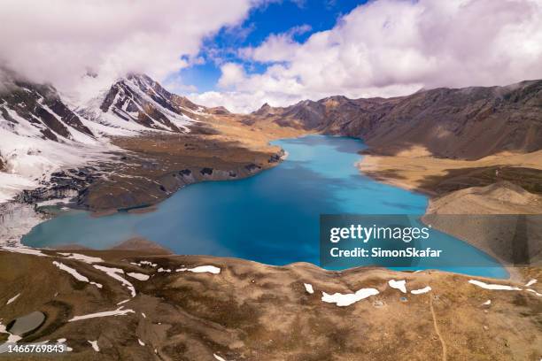 scenic view of tilicho lake amidst himalayas mountains - himalayas stock pictures, royalty-free photos & images