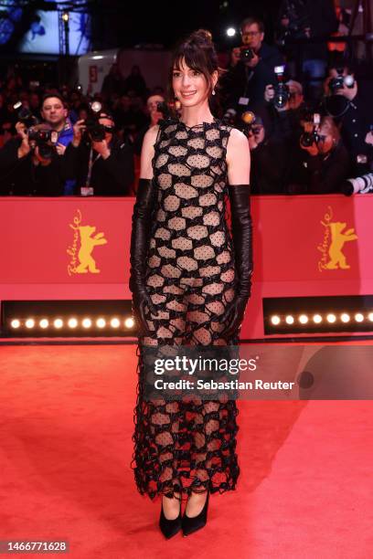 Anne Hathaway attends the "She Came to Me" premiere and Opening Ceremony red carpet during the 73rd Berlinale International Film Festival Berlin at...