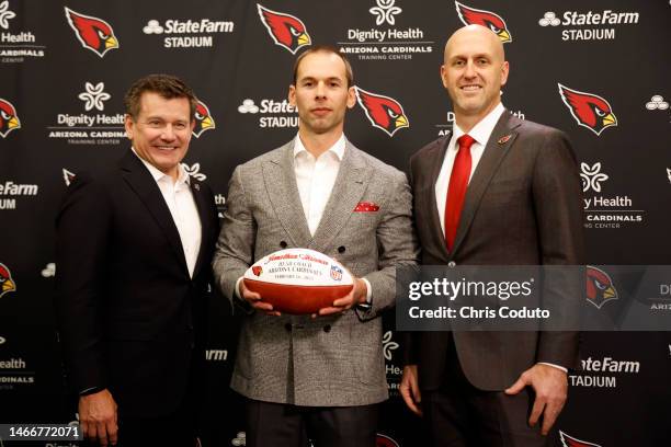 Owner Michael Bidwill, new head coach Jonathan Gannon and general manager Monti Ossenfort of the Arizona Cardinals pose for a photo during a press...