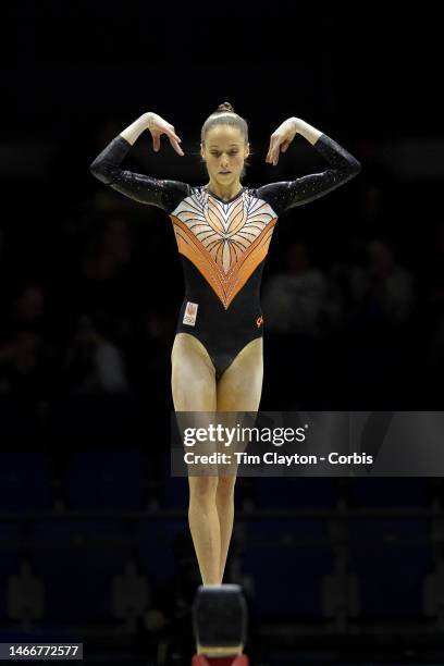 October 30: Naomi Visser of The Netherlands performs her balance beam routine during Women's qualifications at the World Gymnastics...