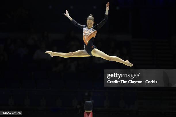 October 30: Naomi Visser of The Netherlands performs her balance beam routine during Women's qualifications at the World Gymnastics...