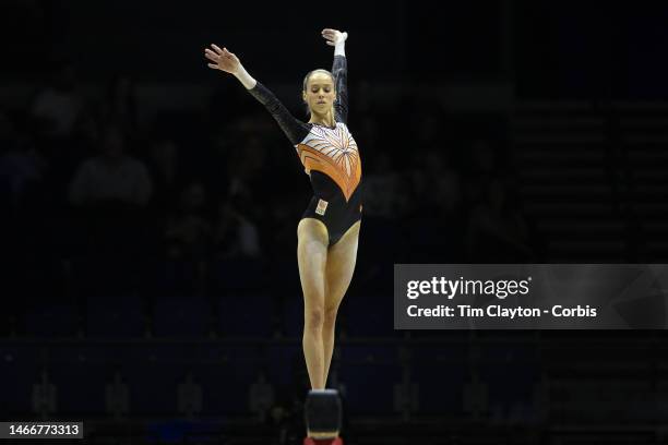 October 30: Naomi Visser of The Netherlands performs her balance beam routine during Women's qualifications at the World Gymnastics...