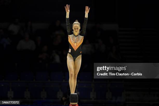 October 30: Naomi Visser of The Netherlands performs her balance beam routine during Women's qualifications at the World Gymnastics...