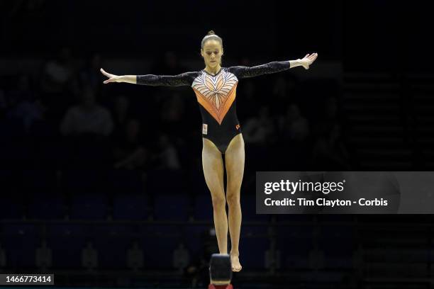 October 30: Naomi Visser of The Netherlands performs her balance beam routine during Women's qualifications at the World Gymnastics...