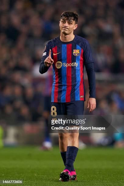 Pedro Gonzalez Lopez "Pedri" of FC Barcelona reacts during the UEFA Europa League knockout round play-off leg one match between FC Barcelona and...