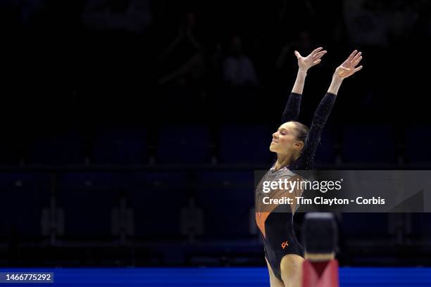 October 30: Naomi Visser of The Netherlands performs her balance beam routine during Women's qualifications at the World Gymnastics...