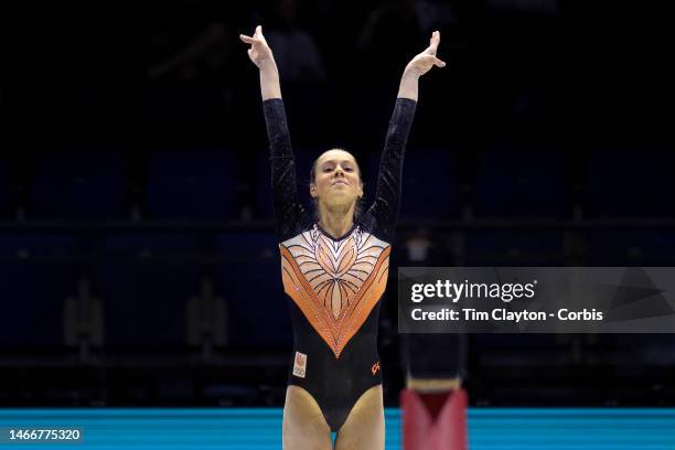 October 30: Naomi Visser of The Netherlands performs her balance beam routine during Women's qualifications at the World Gymnastics...