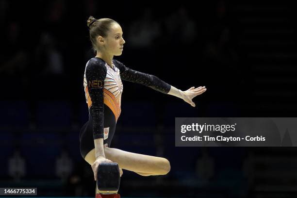 October 30: Naomi Visser of The Netherlands performs her balance beam routine during Women's qualifications at the World Gymnastics...