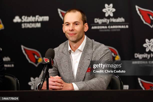 New Arizona Cardinals head coach Jonathan Gannon smiles during a press conference at Dignity Health Arizona Cardinals Training Center on February 16,...