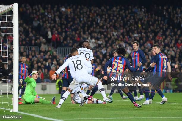 Jules Kounde of FC Barcelona scores an own goal, Manchester United's second goal during the UEFA Europa League knockout round play-off leg one match...