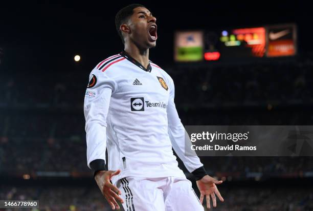 Marcus Rashford of Manchester United celebrates an own goal by Jules Kounde of FC Barcelona Manchester United's second goal during the UEFA Europa...