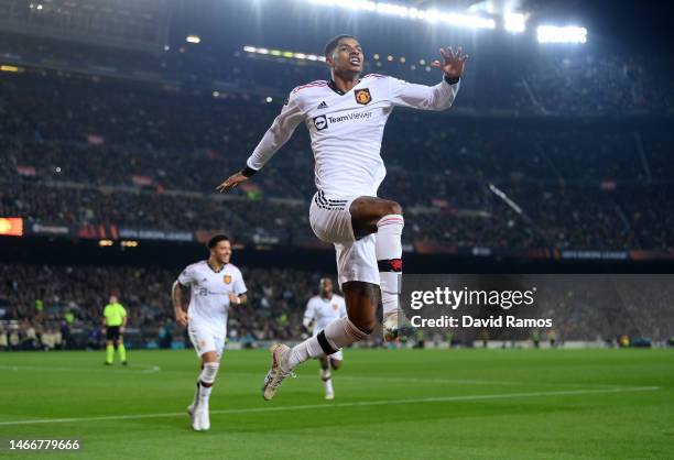 Marcus Rashford of Manchester United celebrates an own goal by Jules Kounde of FC Barcelona Manchester United's second goal during the UEFA Europa...