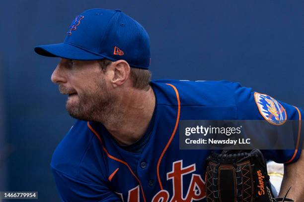 New York Mets pitcher Max Scherzer during a spring training workout on Feb. 15, 2023 in Port St. Lucie, Florida.