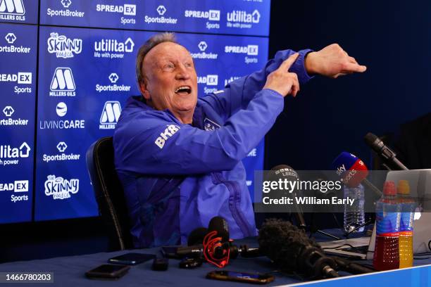 Neil Warnock the manager of Huddersfield Town attends his first press conference at Millers Oils High Performance Centre on February 16, 2023 in...