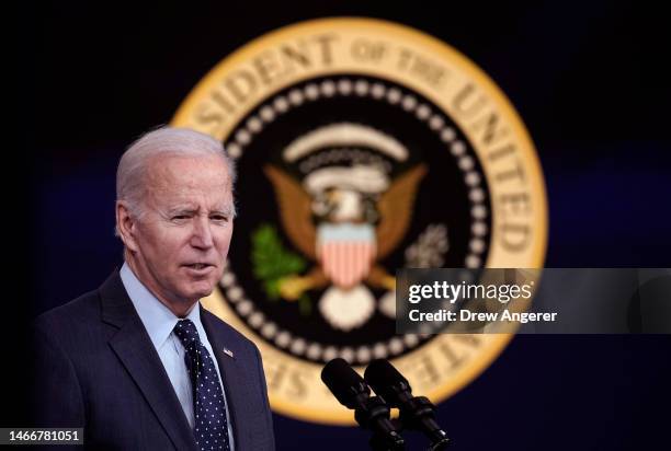 President Joe Biden speaks about the U.S. Response to the high-altitude Chinese balloon and three other objects that were recently shot down by the...