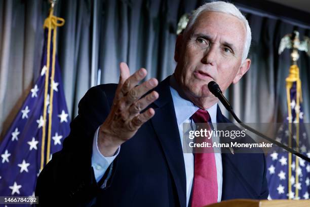 Former Vice President Mike Pence gives remarks at the Calvin Coolidge Foundation’s conference at the Library of Congress on February 16, 2023 in...