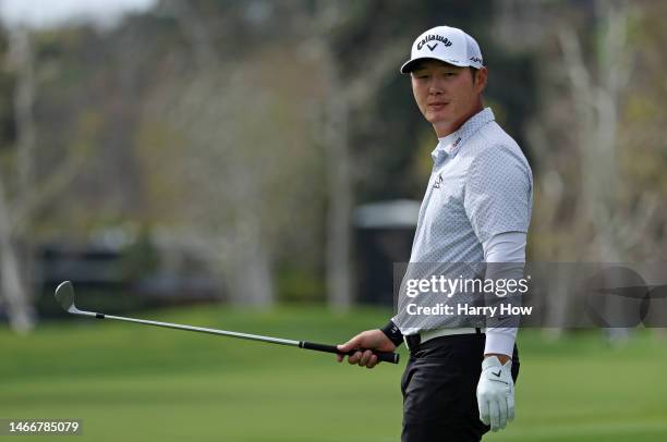 Danny Lee of New Zealand follows his shot on the 17th hole during the first round of the The Genesis Invitational at Riviera Country Club on February...