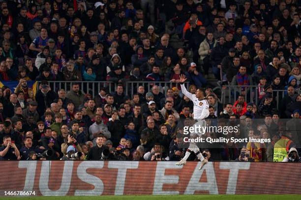 Marcus Rashford of Manchester United celebrates after Jules Kounde of FC Barcelona scored an own goal during the UEFA Europa League knockout round...