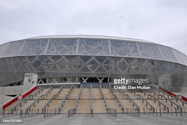 General view of the Stade de Nice during a stadium visit ahead of the France 2023 Rugby World Cup on February 16, 2023 in Nice, France.