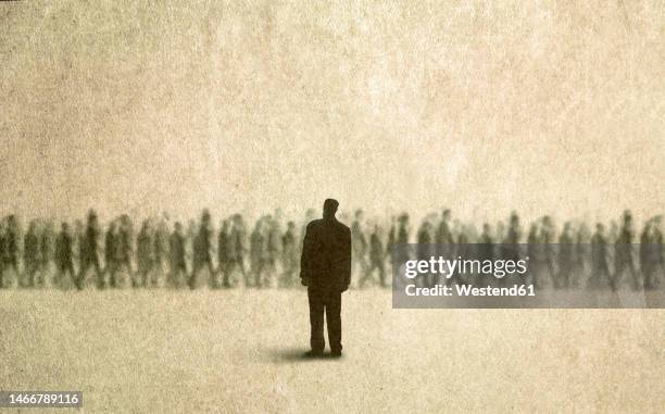 illustration of man looking at passing crowd of people - people coloured background stock illustrations