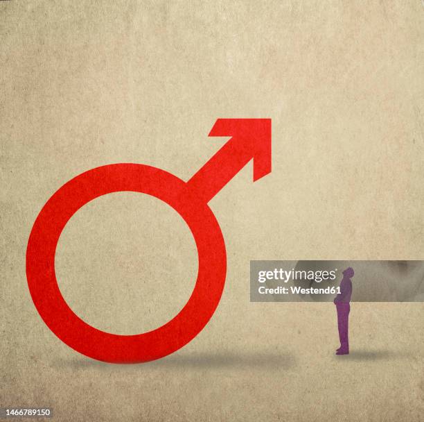 ilustraciones, imágenes clip art, dibujos animados e iconos de stock de illustration of small man looking at giant male symbol - simbolo masculino