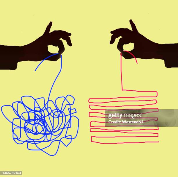illustration of blue tangled string and red orderly string held by two different hands - string stock illustrations