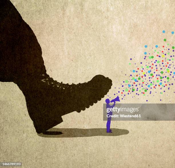 bildbanksillustrationer, clip art samt tecknat material och ikoner med illustration of large boot looming over person speaking on megaphone - censorship