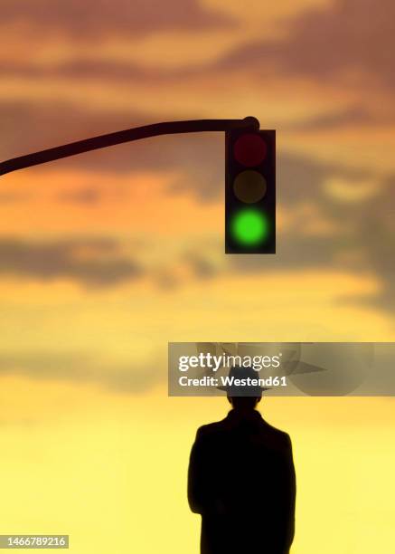 silhouette of man standing under stoplight showing green light - fedora stock illustrations