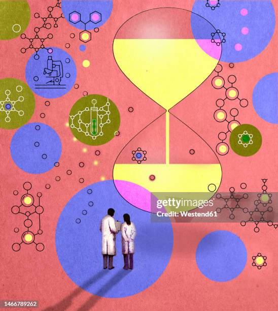 illustration of two scientists talking under floating circles and molecules - finding time stock illustrations